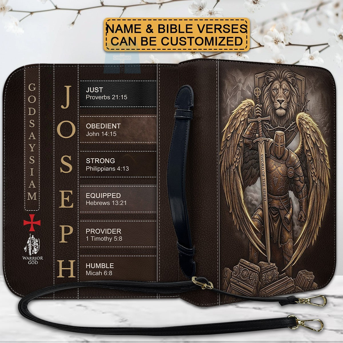 Personalized Leather Bible Cover for Men - Custom Name & Acrostic Bible Verses - Warrior of God Lion & Knight Design - Christian Gift for Him CAB152626