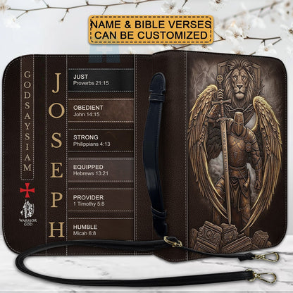 Personalized Leather Bible Cover for Men - Custom Name & Acrostic Bible Verses - Warrior of God Lion & Knight Design - Christian Gift for Him CAB152626