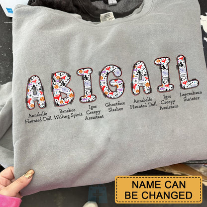 Personalized Halloween Alphabet T-Shirt – Spooky Horror A-Z Characters, Custom Name Graphic Tee