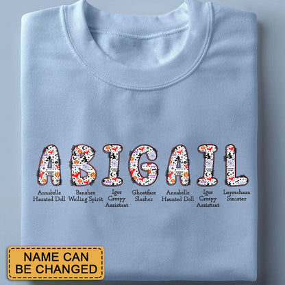Personalized Halloween Alphabet T-Shirt – Spooky Horror A-Z Characters, Custom Name Graphic Tee
