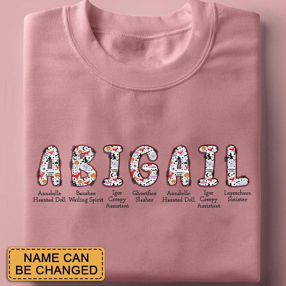 Personalized Halloween Alphabet T-Shirt – Spooky Horror A-Z Characters, Custom Name Graphic Tee
