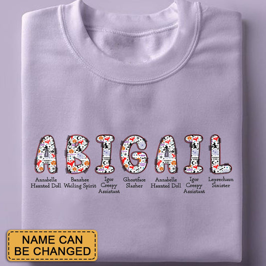 Personalized Halloween Alphabet T-Shirt – Spooky Horror A-Z Characters, Custom Name Graphic Tee