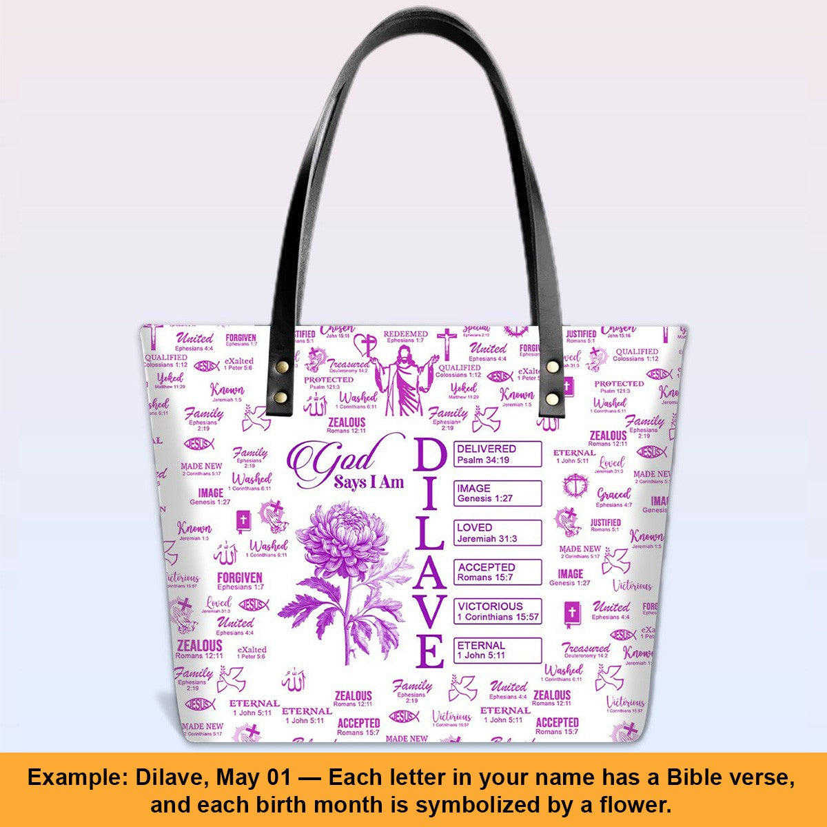 Personalized Luxury Tote Bag with Bible Verses & Birth Month Flowers – Custom Christian Gift by CHRISTIANARTBAG