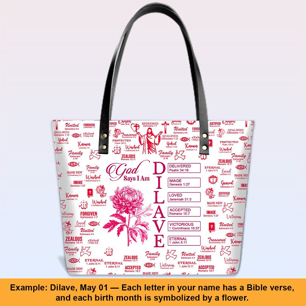 Personalized Luxury Tote Bag with Bible Verses & Birth Month Flowers – Custom Christian Gift by CHRISTIANARTBAG