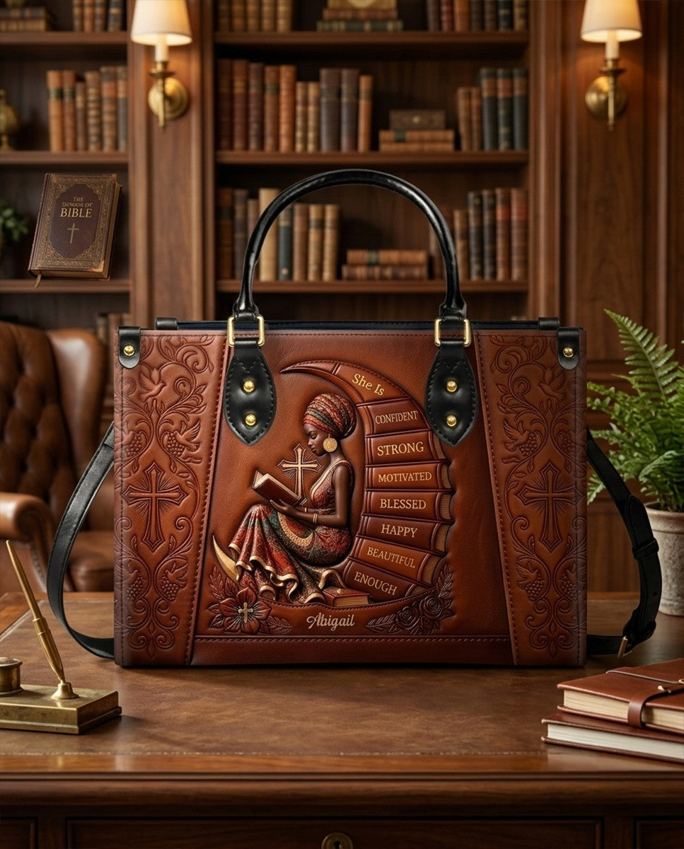 Personalized Leather Handbag for Christian Women - Custom Name, Skin Tone & Color "She Is" Affirmation Tote Bag | CHRISTIANARTBAG 01080326
