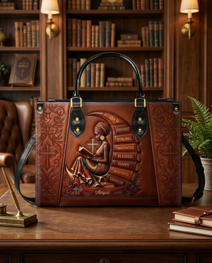 Personalized Leather Handbag for Christian Women - Custom Name, Skin Tone & Color "She Is" Affirmation Tote Bag | CHRISTIANARTBAG 01080326
