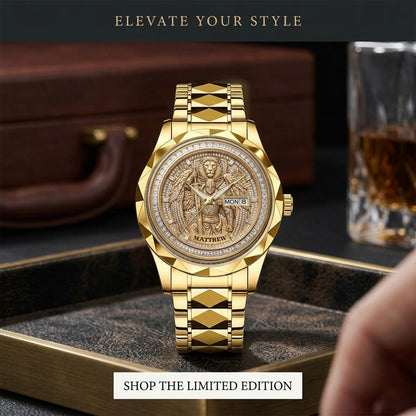 CHRISTIANARTBAG Personalized Luxury Men's Watch - Custom Name Engraved Religious Lion Armor Dial Wristwatch, Gold / Silver / Black Stainless Steel - Faith Gift for Him CAB01052726