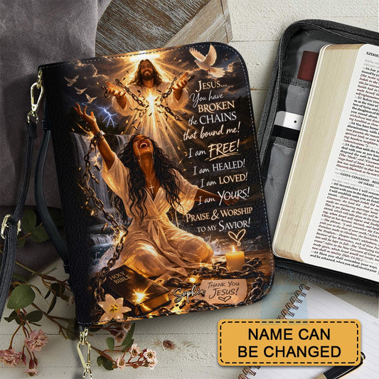 Personalized Bible Cover - Jesus Broken The Chains Custom Name Bible Case - Inspirational Leather Journal Case - CHRISTIANARTBAG CAB02042226