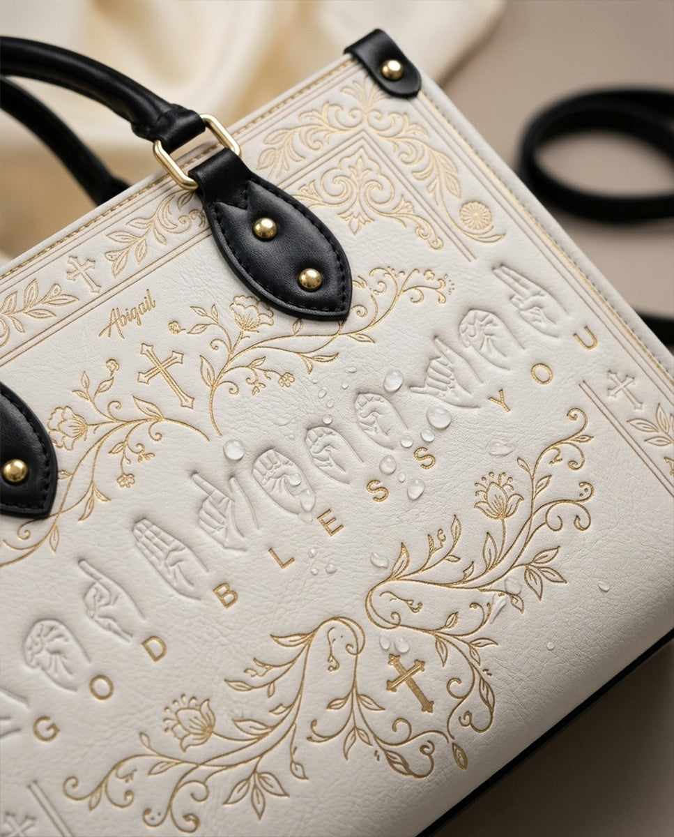 Personalized Christian ASL God Bless You Leather Handbag - Custom Name Christian Leather Tote Bag - CHRISTIANARTBAG CAB01101426