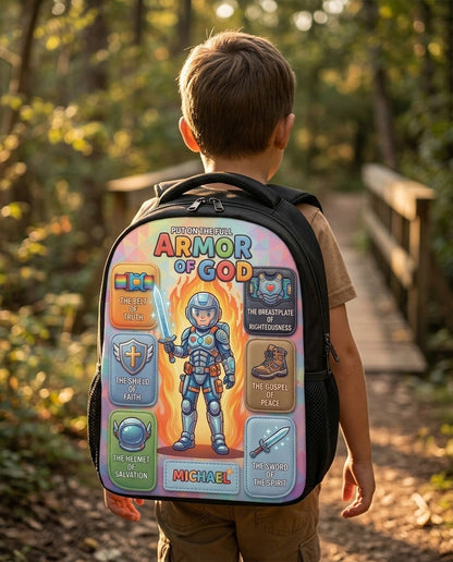 Personalized Armor of God Kids Backpack - Custom Name & Character Christian School Bag | CHRISTIANARTBAG