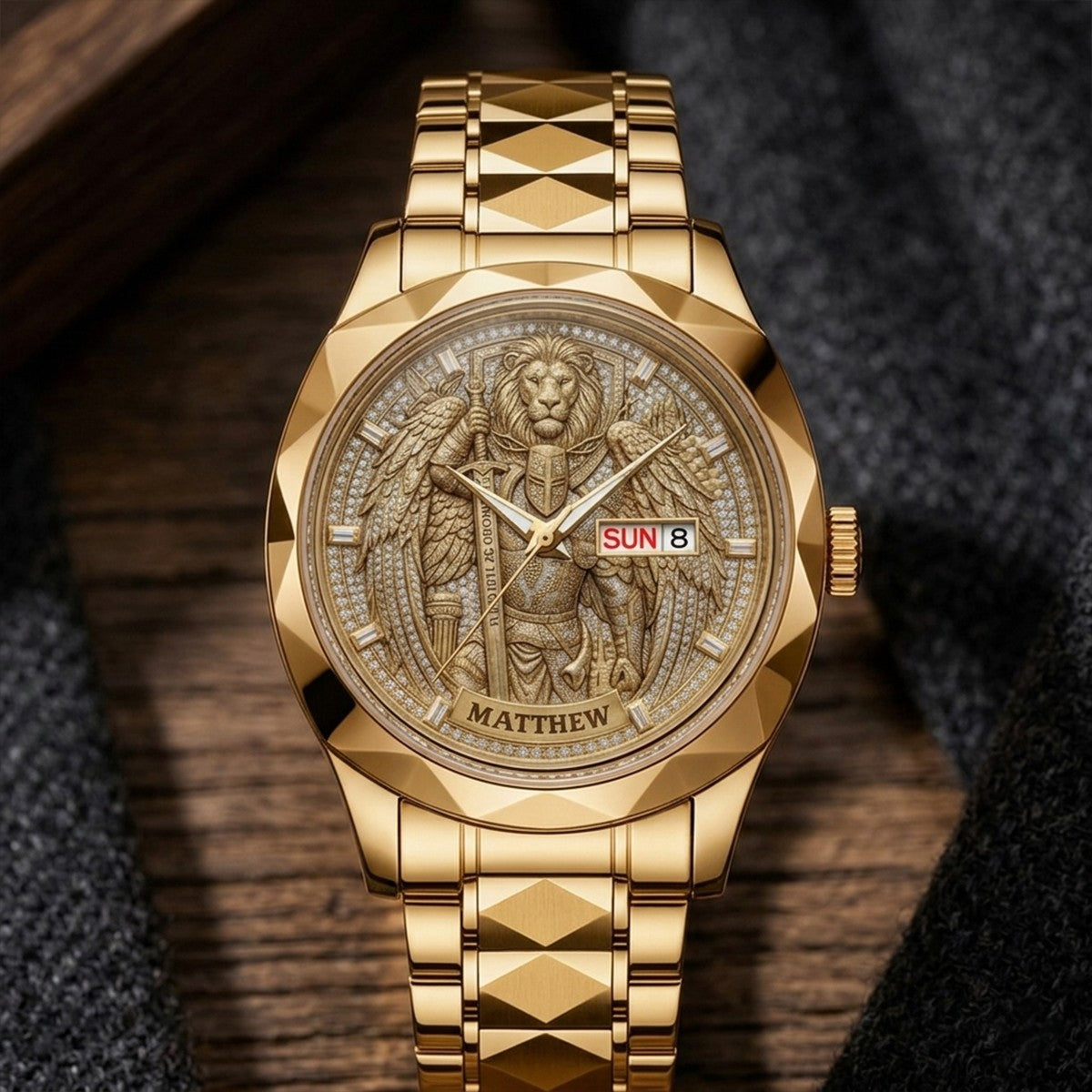 CHRISTIANARTBAG Personalized Luxury Men's Watch - Custom Name Engraved Religious Lion Armor Dial Wristwatch, Gold / Silver / Black Stainless Steel - Faith Gift for Him CAB01052726
