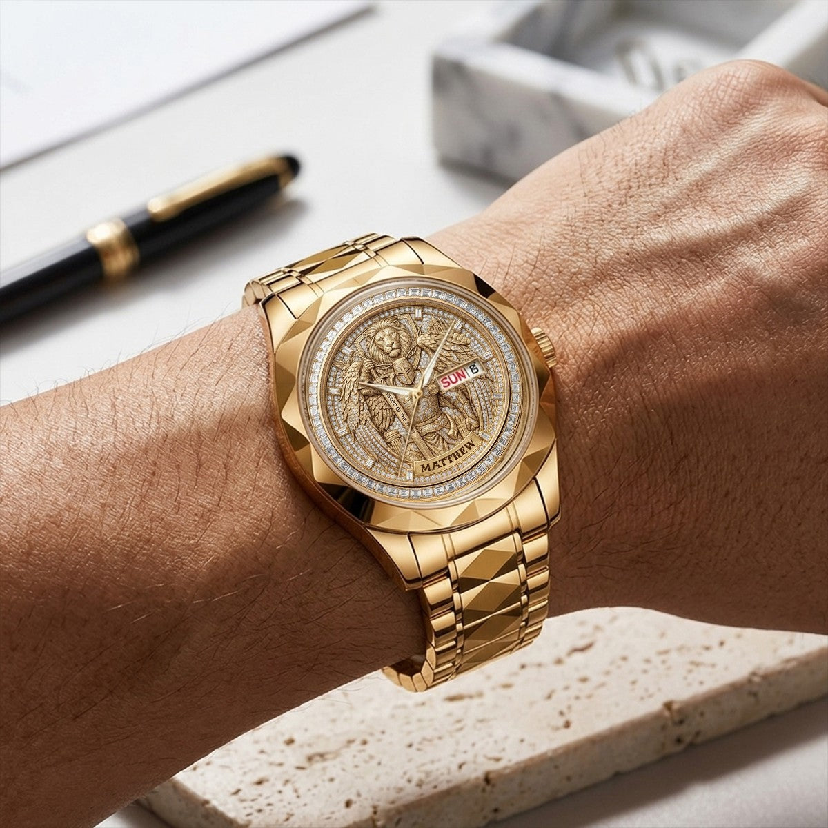 CHRISTIANARTBAG Personalized Luxury Men's Watch - Custom Name Engraved Religious Lion Armor Dial Wristwatch, Gold / Silver / Black Stainless Steel - Faith Gift for Him CAB01052726