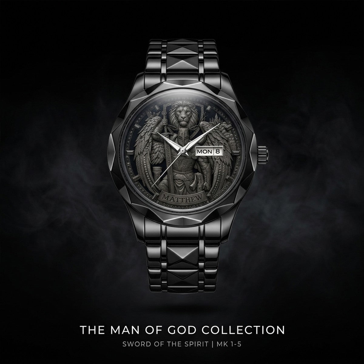 CHRISTIANARTBAG Personalized Luxury Men's Watch - Custom Name Engraved Religious Lion Armor Dial Wristwatch, Gold / Silver / Black Stainless Steel - Faith Gift for Him CAB01052726