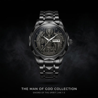 CHRISTIANARTBAG Personalized Luxury Men's Watch - Custom Name Engraved Religious Lion Armor Dial Wristwatch, Gold / Silver / Black Stainless Steel - Faith Gift for Him CAB01052726