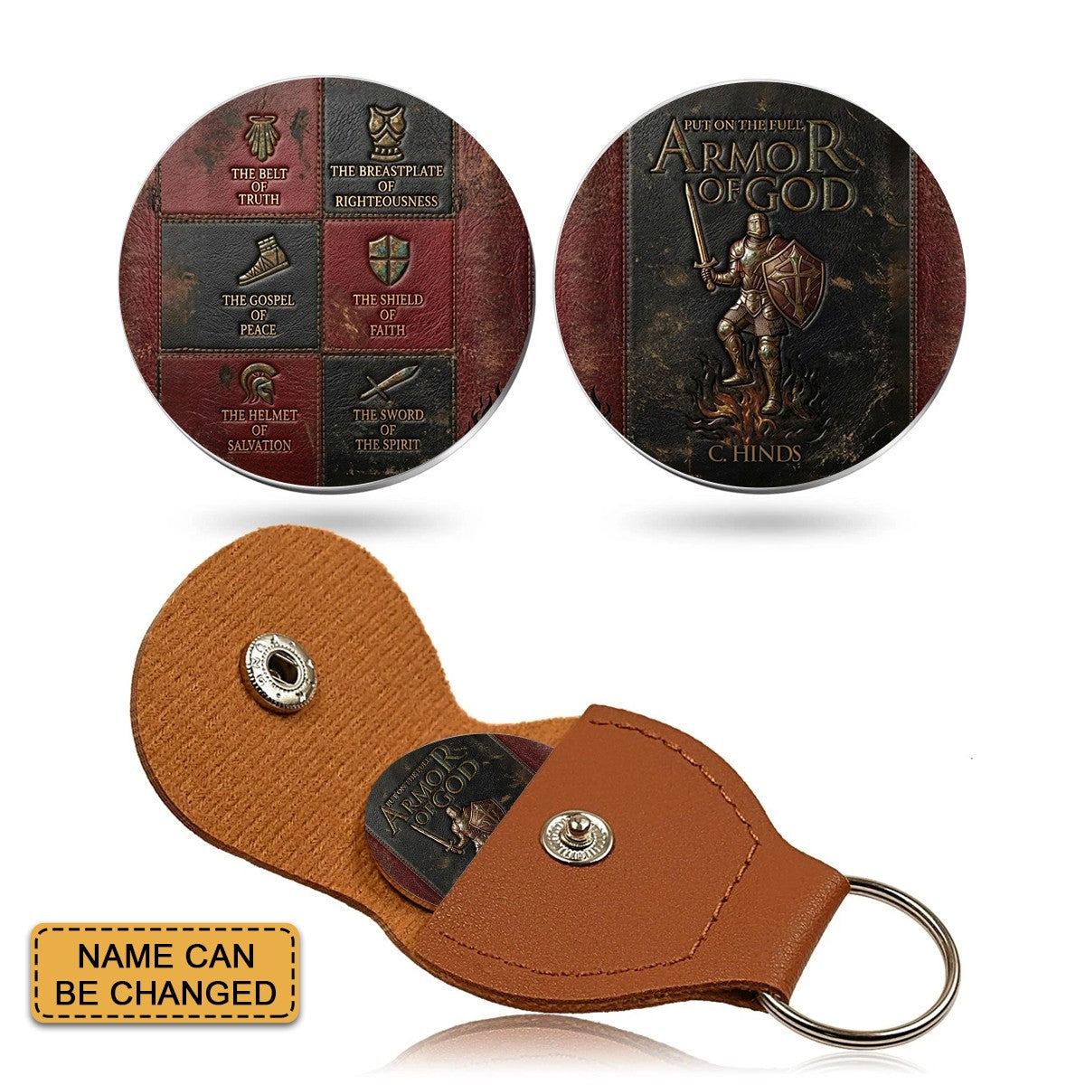 Personalized Armor of God Pocket Coin Keychain – Custom Double-Sided Religious Gift for Him