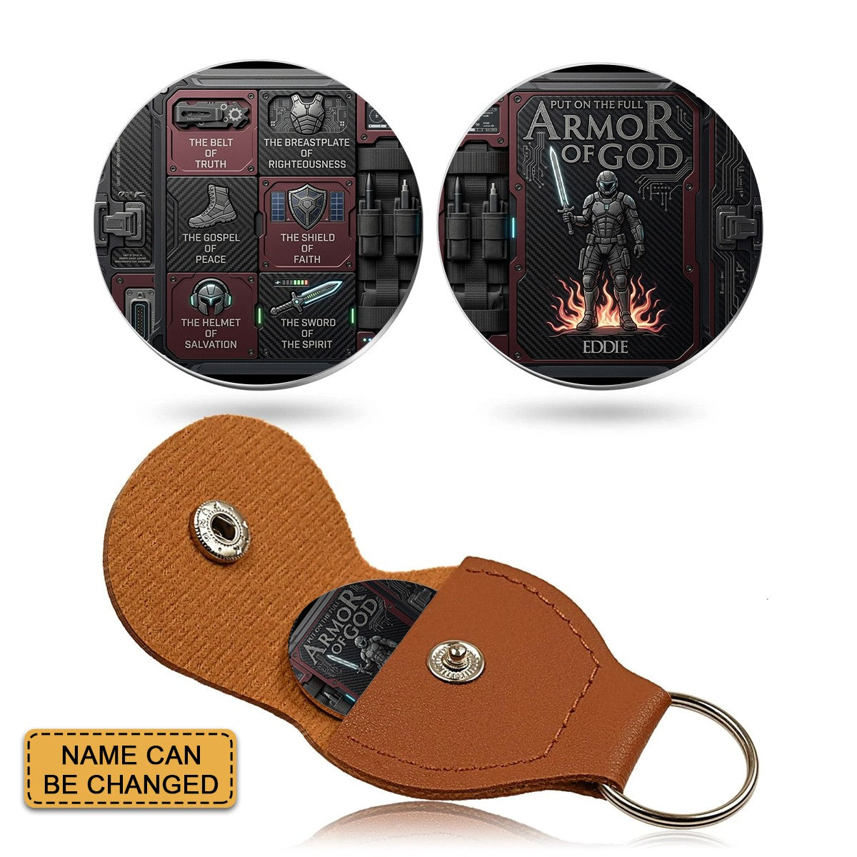 Personalized Armor of God Pocket Coin Keychain – Custom Double-Sided Religious Gift for Him