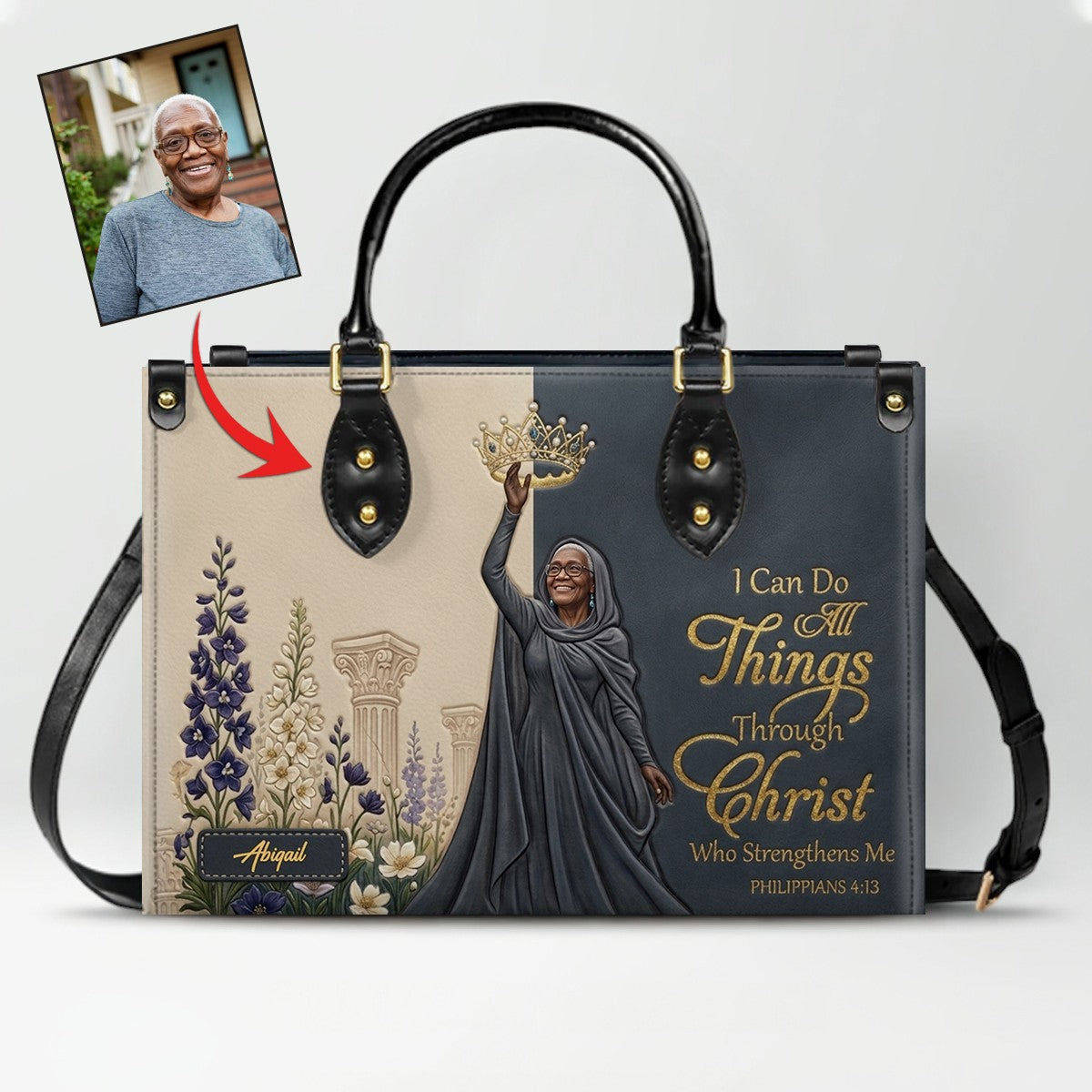 Personalized Christian Leather Handbag - Custom Photo & Name Philippians 4:13 Purse | CHRISTIANARTBAG CAB02101326