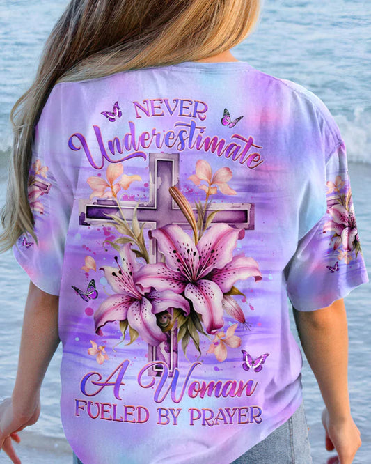 Christianartbag 3D T-Shirt For Women, Never Underestimate A Woman Fueled By Prayer Women's All Over Print Shirt, Christian Shirt, Faithful Fashion, 3D Printed Shirts for Christian Women - Christian Art Bag