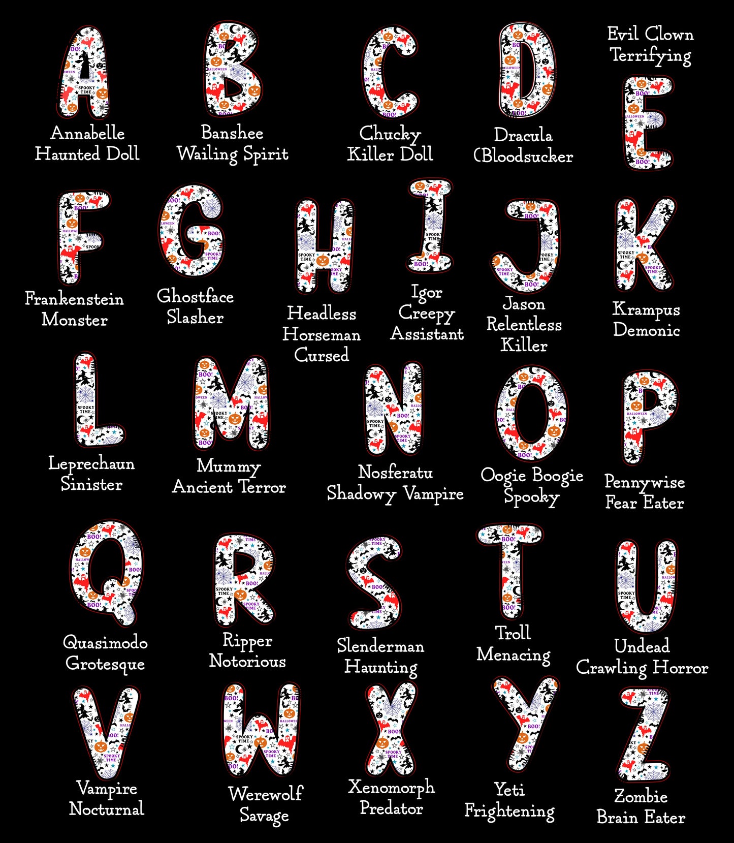 Personalized Halloween Alphabet T-Shirt – Spooky Horror A-Z Characters, Custom Name Graphic Tee