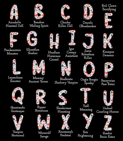 Personalized Halloween Alphabet T-Shirt – Spooky Horror A-Z Characters, Custom Name Graphic Tee