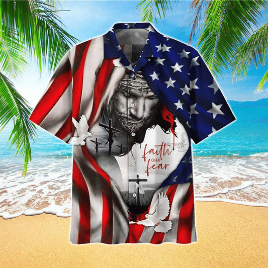 Christianartbag Hawaiian Shirt, American Flag Faith Over Fear Jesus Hawaiian Shirt, Christian Hawaiian Shirts For Men & Women. - Christian Art Bag