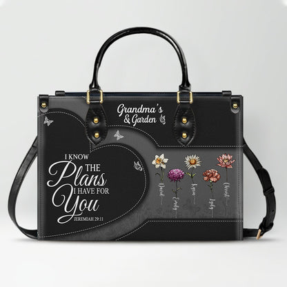 CHRISTIANARTBAG | Personalized Leather Handbag Tote | "Be Still & Know" Bible Verse Grandma's Garden | Custom Birth Month Flower Gift