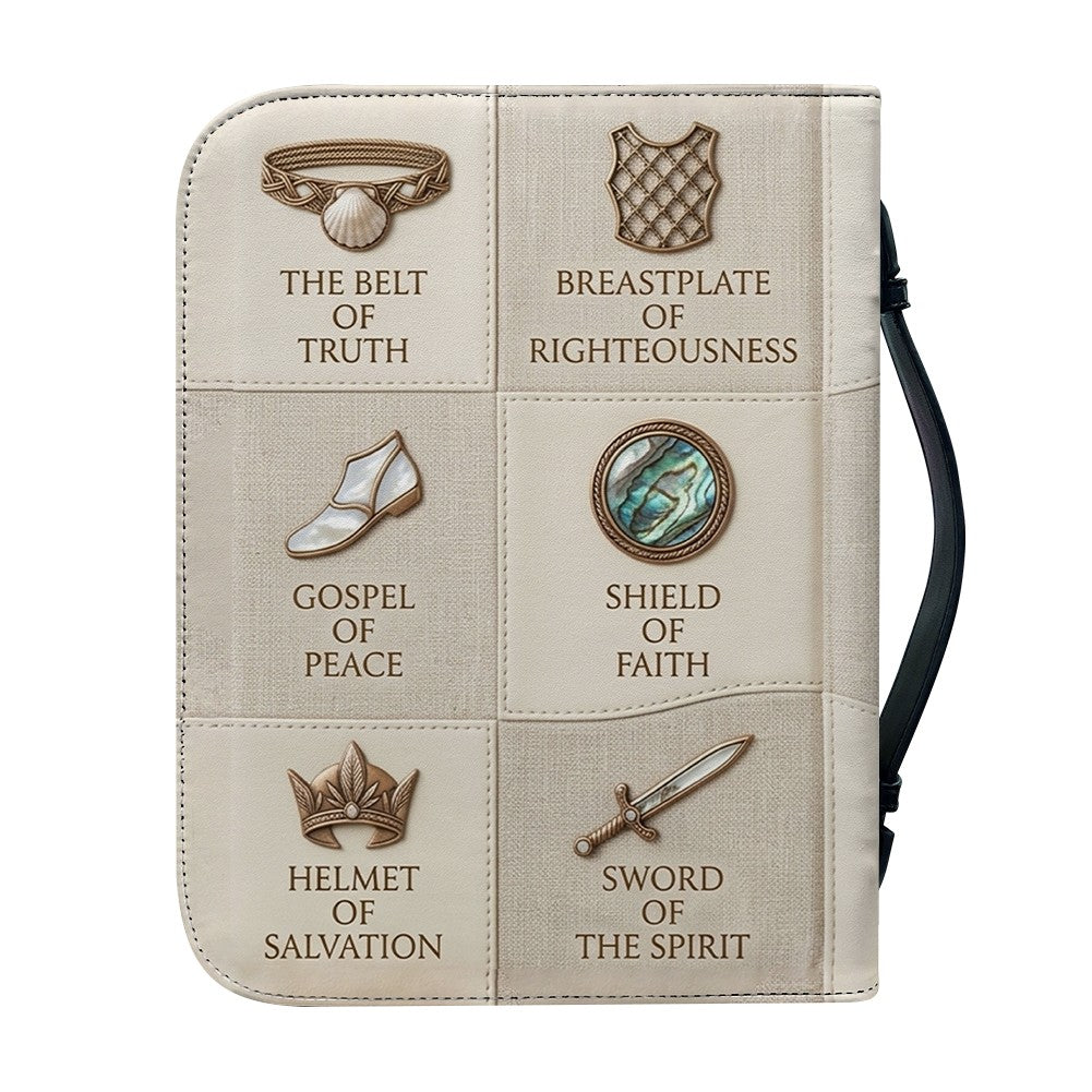 Personalized Leather Bible Cover Featuring Full Armor of God Design with Custom Name and Shoulder Strap by CHRISTIANARTBAG CAB016426