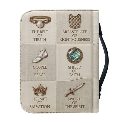 Personalized Leather Bible Cover Featuring Full Armor of God Design with Custom Name and Shoulder Strap by CHRISTIANARTBAG CAB016426