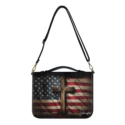 Patriotic American Flag & Cross Bible Cover – Custom Name Option | CHRISTIANARTBAG