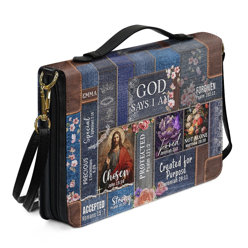 Personalized Leather Bible Cover – “God Says I Am” Design with Custom Name & Bible Verses – Christian Gift for Women