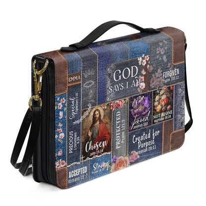 Personalized Leather Bible Cover – “God Says I Am” Design with Custom Name & Bible Verses – Christian Gift for Women
