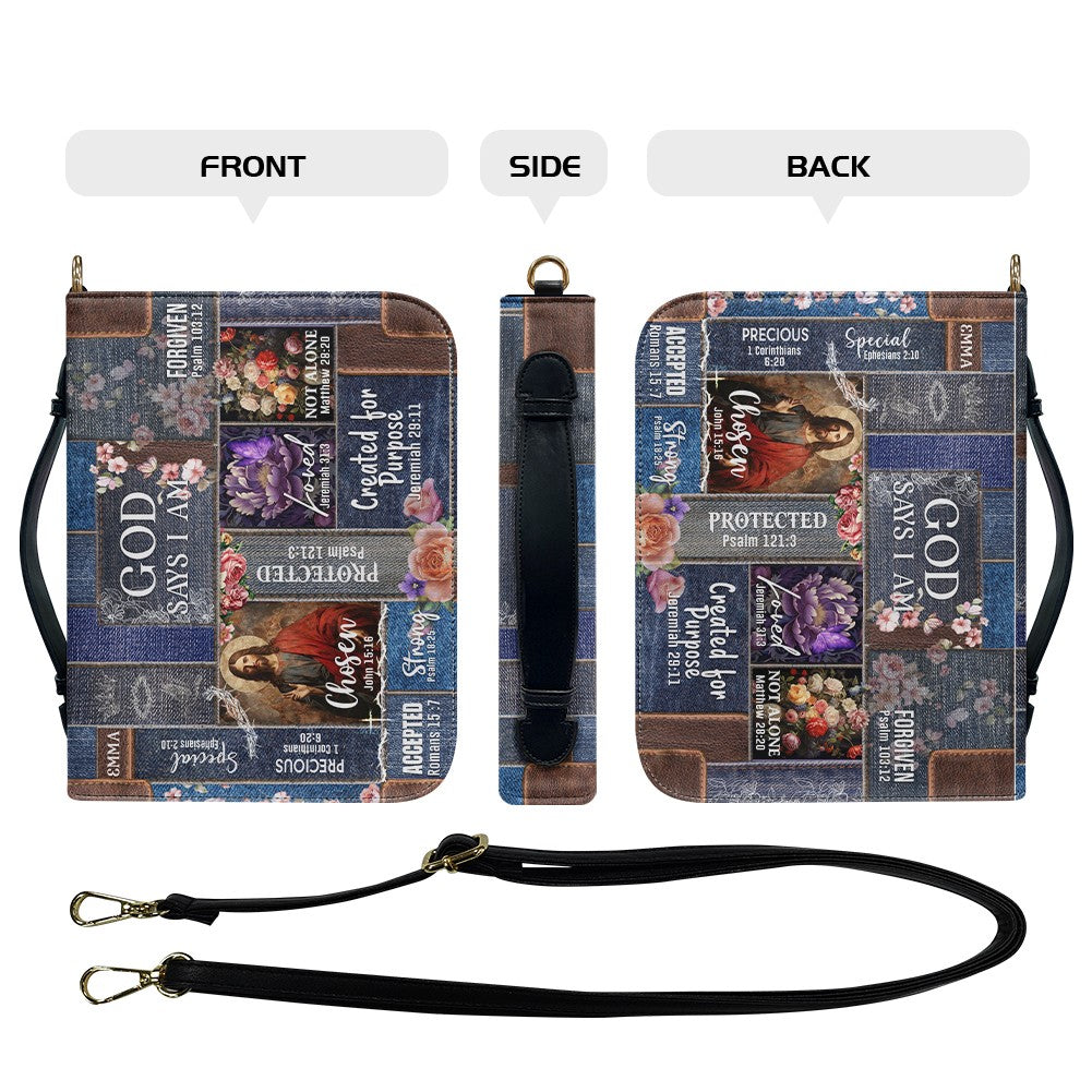 Personalized Leather Bible Cover – “God Says I Am” Design with Custom Name & Bible Verses – Christian Gift for Women