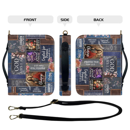 Personalized Leather Bible Cover – “God Says I Am” Design with Custom Name & Bible Verses – Christian Gift for Women