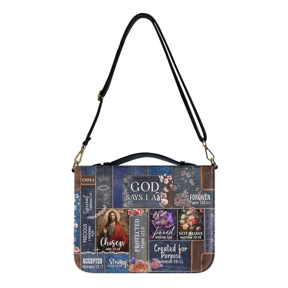 Personalized Leather Bible Cover – “God Says I Am” Design with Custom Name & Bible Verses – Christian Gift for Women