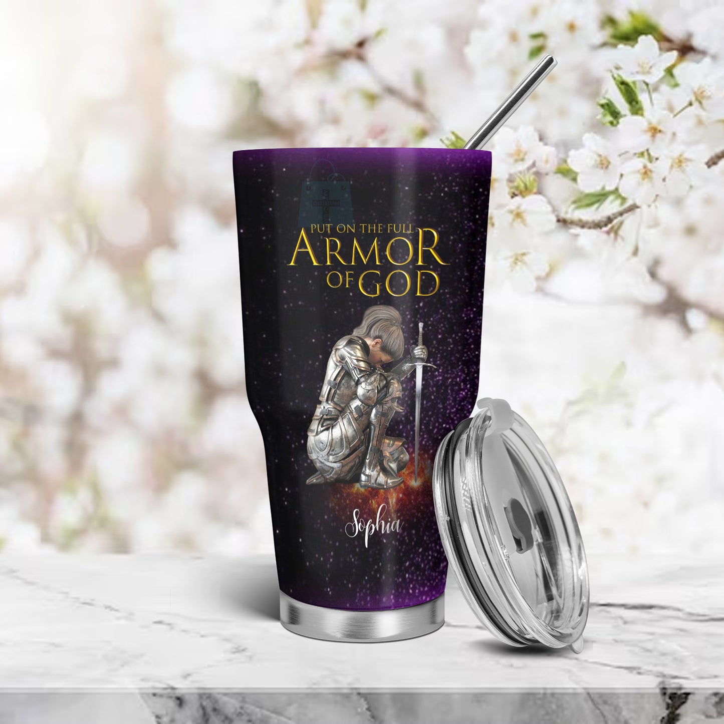 Christianartbag Drinkware, Put On The Full Armor Of God, Personalized Mug, Purple Pink Tumbler, Christian Gift, CABTB08160823. - Christian Art Bag