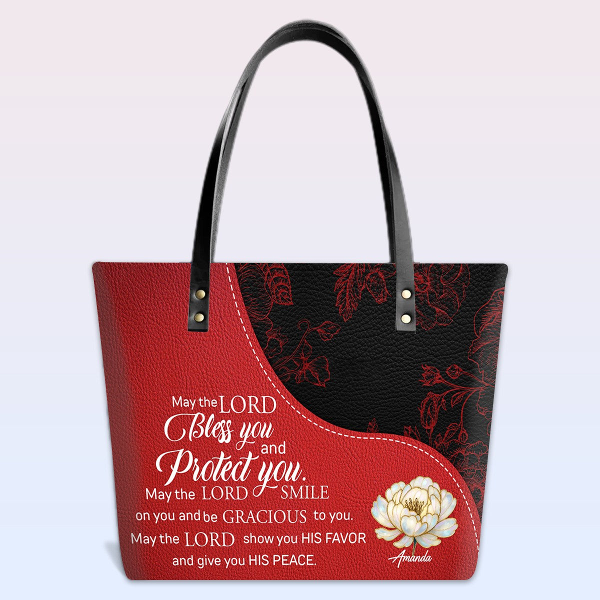 Personalized Christian Red Leather Tote Bag Luxury with Bible Verses – Custom Name Handbag by CHRISTIANARTBAG