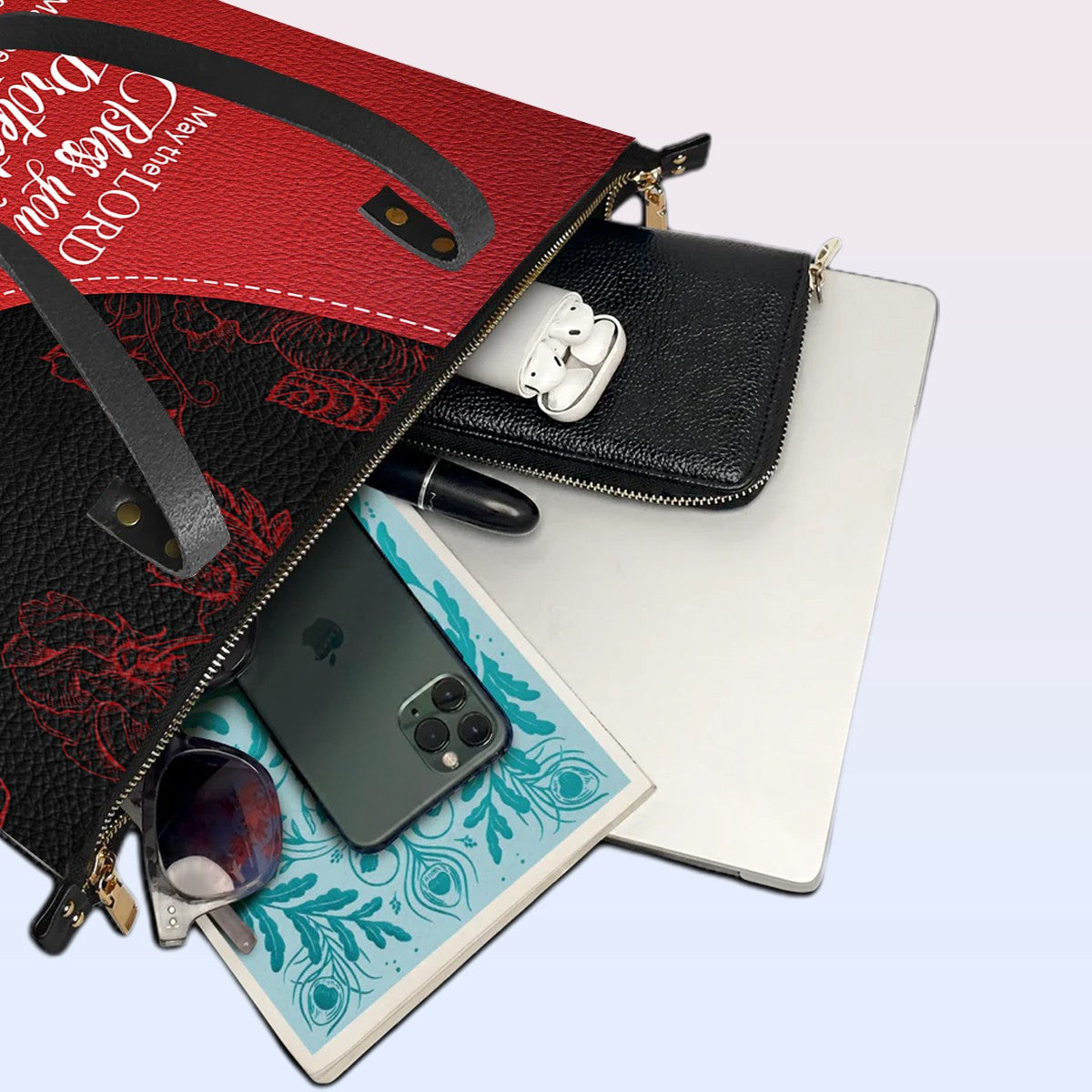 Personalized Christian Red Leather Tote Bag Luxury with Bible Verses – Custom Name Handbag by CHRISTIANARTBAG