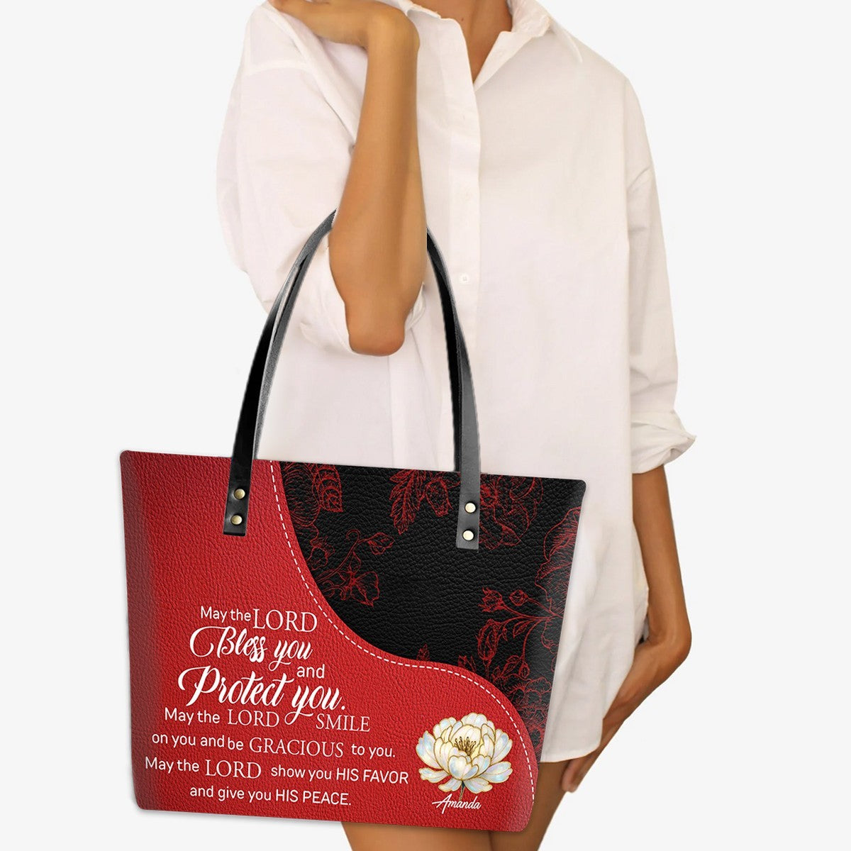 Personalized Christian Red Leather Tote Bag Luxury with Bible Verses – Custom Name Handbag by CHRISTIANARTBAG