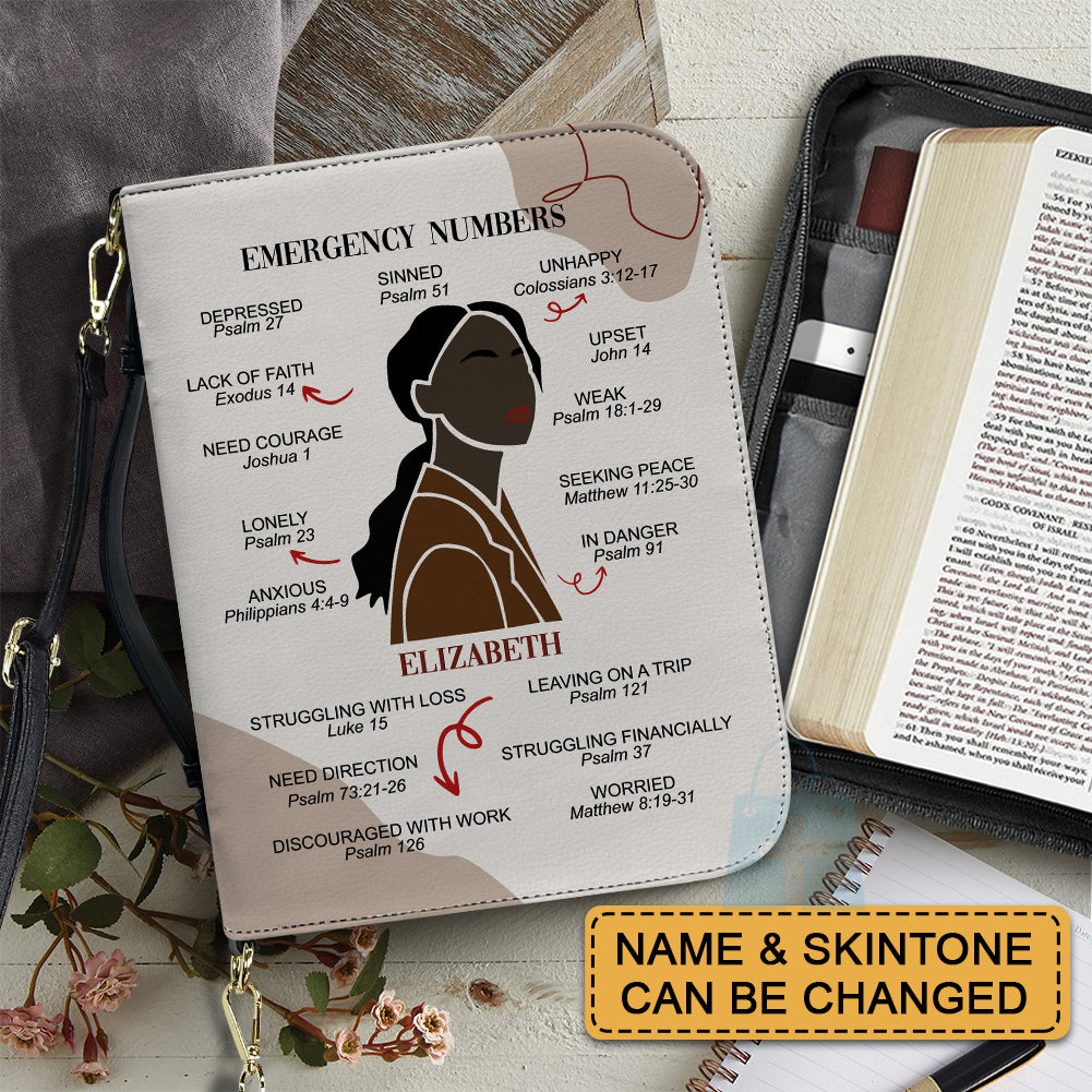 CHRISTIANARTBAG Bible Cover – "Emergency Numbers" Scripture Guide Design with Customizable Name, Skin Tone, and Hair Color | Spiritual Comfort and Guidance for Life's Challenges - CAB0130924