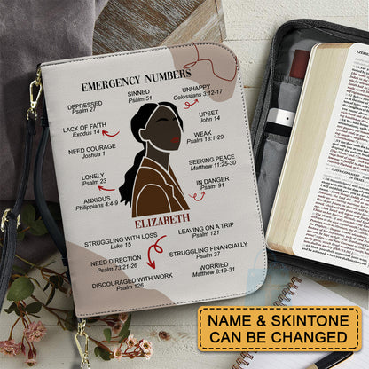 CHRISTIANARTBAG Bible Cover – "Emergency Numbers" Scripture Guide Design with Customizable Name, Skin Tone, and Hair Color | Spiritual Comfort and Guidance for Life's Challenges - CAB0130924