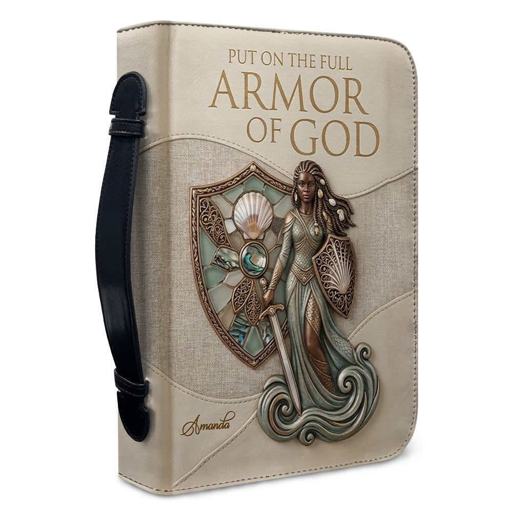 Personalized Leather Bible Cover Featuring Full Armor of God Design with Custom Name and Shoulder Strap by CHRISTIANARTBAG CAB016426