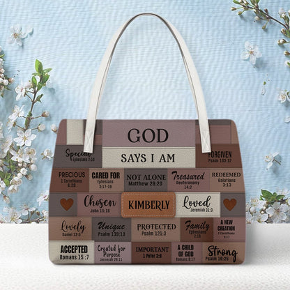 Personalized Christian Handbag – God Says I Am Leather Tote with Custom Name & Color | CHRISTIANARTBAG