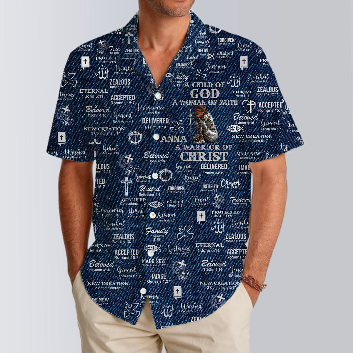 Personalized Christian Hawaiian Shirt – Custom Name, Hair & Beard Style Warrior of Christ Design