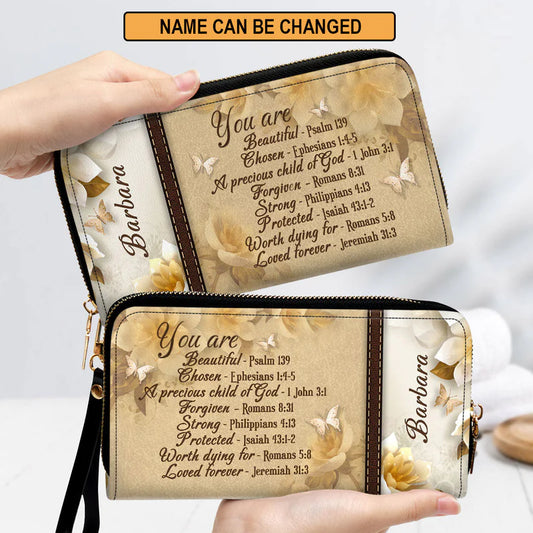 Christianartbag Clutch Purse, Butterfly A Precious Child Of God Clutch Purse For Women, Personalized Name, Christian Gifts For Women, CAB21091223. - Christian Art Bag