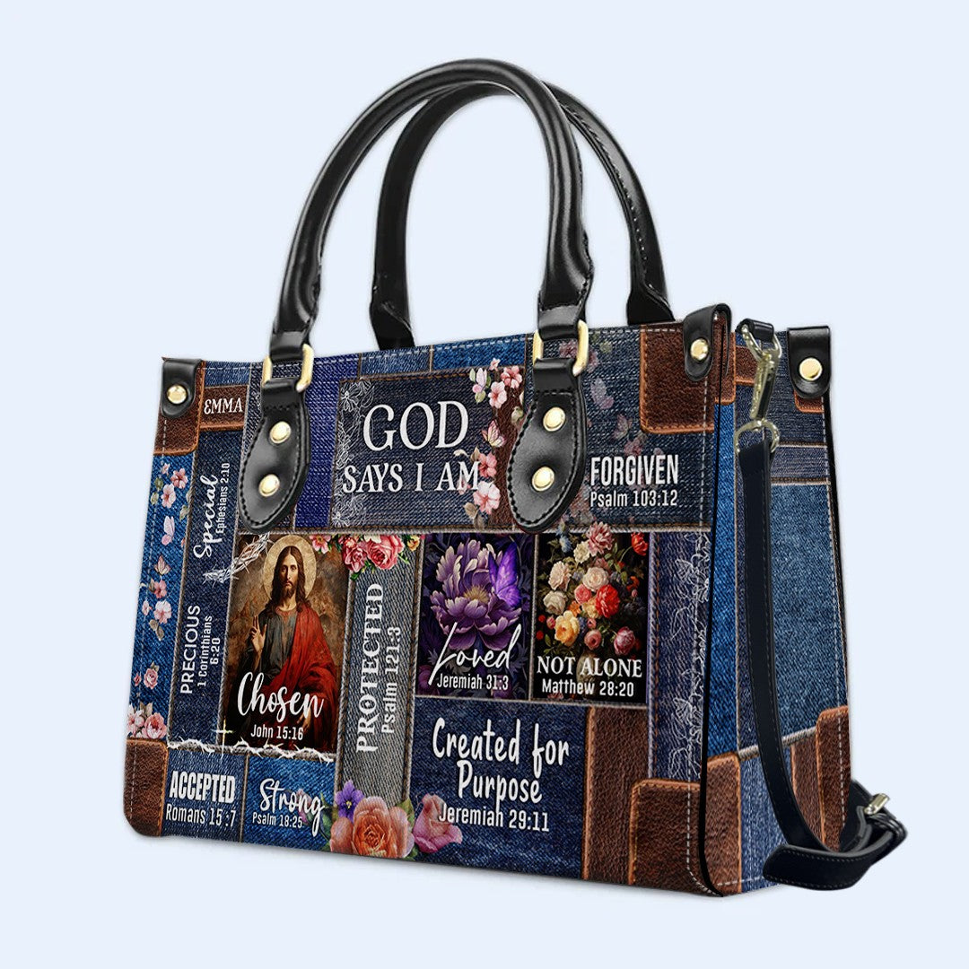 Personalized Christian Handbag | Leather Denim Floral Purse | GOD Says I Am | Custom Bible Bag by CHRISTIANARTBAG