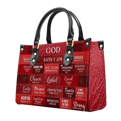 Inspirational Scripture Leather Handbag - Custom Name CHRISTIANARTBAG Tote - GOD Says I Am Red Leather Handbag.