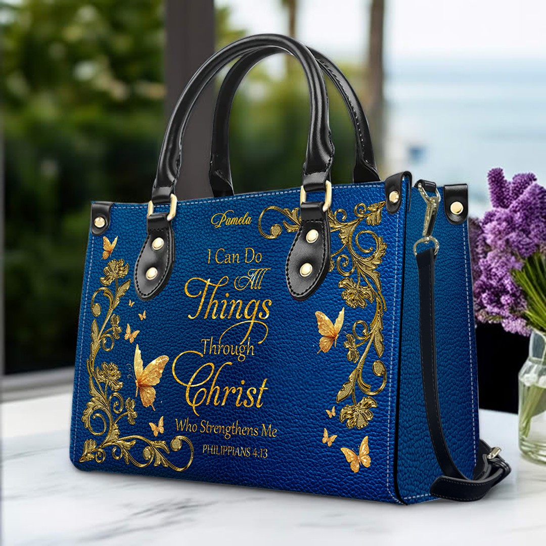 Personalized Christian Leather Handbag – Gold Navy Bible Verse Tote for Women | CHRISTIANARTBAG CAB01122525