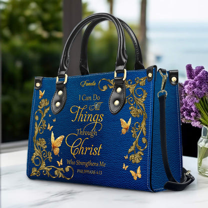 Personalized Christian Leather Handbag – Gold Navy Bible Verse Tote for Women | CHRISTIANARTBAG CAB01122525