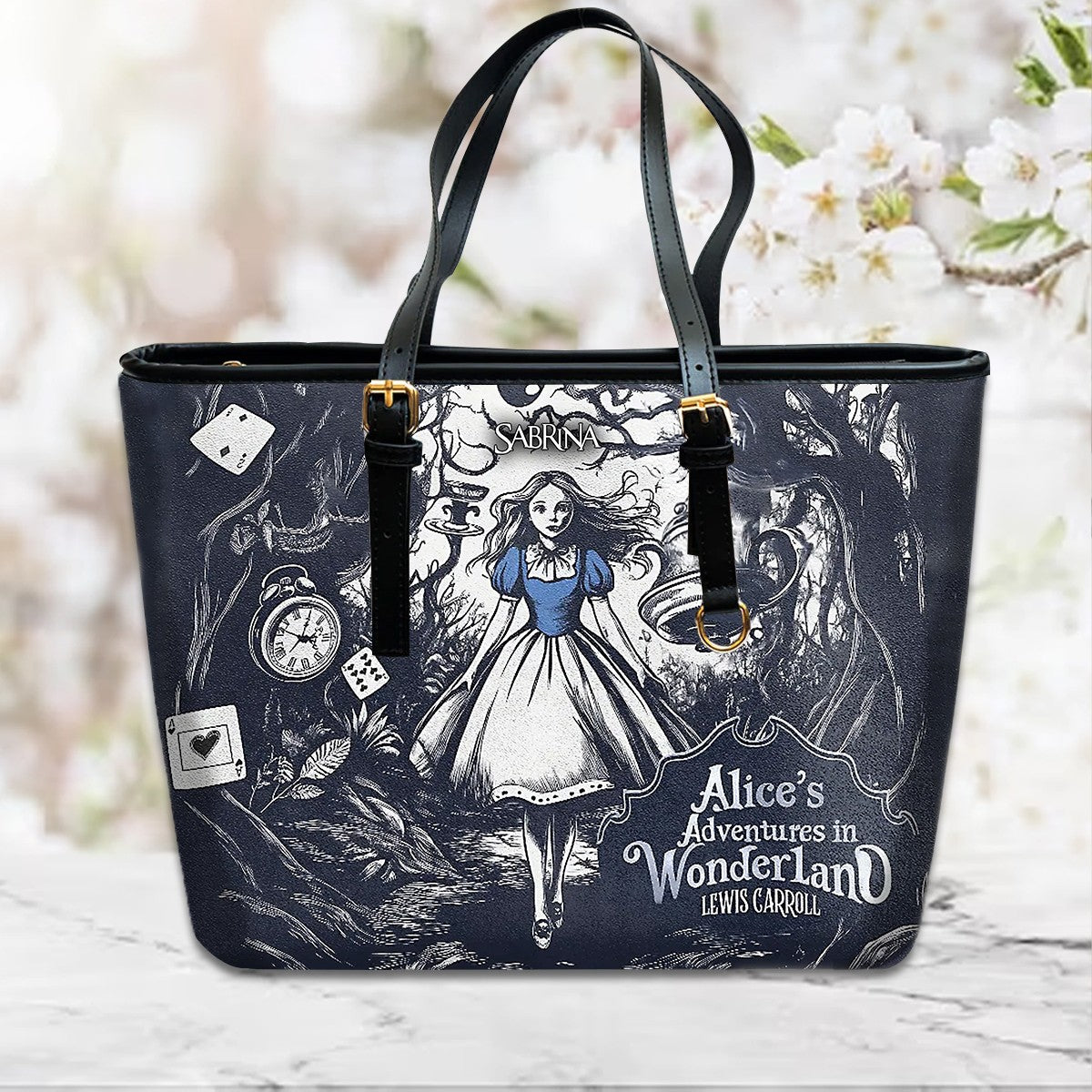Personalized Leather Handbag – “Alice's Adventures in Wonderland Lewis Carroll” Book Cover Design | Custom Name | ChristianArtBag™