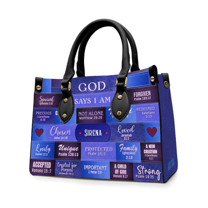 Customizable Luxury Leather Handbag - Personalized Elegance by CHRISTIANARTBAG - GOD Says I Am Blue Leather Handbag.